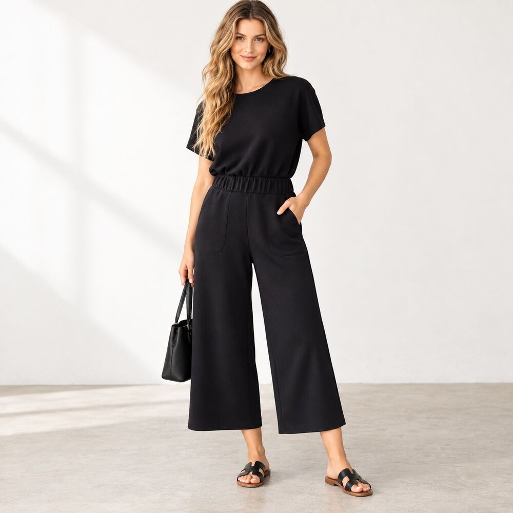 SPANX AirEssentials Women’s L Black Short Sleeve Wide Leg Jumpsuit Travel Pocket